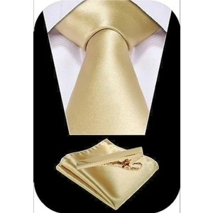 Erkek Saten Kravat Mendil ve Gold Çelik Kravat Iğne Set