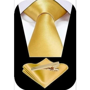 Erkek Saten Kravat Mendil ve Gold Çelik Kravat Iğne Set