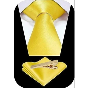 Erkek Saten Kravat Mendil ve Gold Çelik Kravat Iğne Set