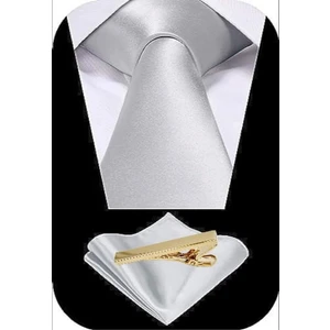 Erkek Saten Kravat Mendil ve Gold Çelik Kravat Iğne Set