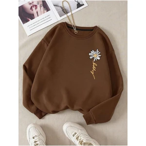 Kadın Kahverengi Papatya Baskılı Bisiklet Yaka Sweatshirt