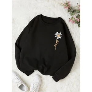 Kadın Siyah Papatya Baskılı Bisiklet Yaka Sweatshirt