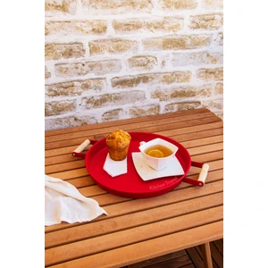 Kitchen Trend 30 cm Kırmızı Ahşap Kulplu Metal Tepsi Çay Tepsisi Kahve Tepsisi Sunum Tepsisi