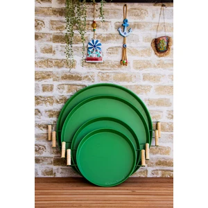 Kitchen Trend Metal 4 Lü (51 37 45 30 Cm) Yeşil Ahşap Kulplu Yuvarlak Tepsi Seti, Kahvaltı Tepsisi