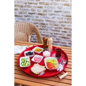 Kitchen Trend Metal Kırmızı Ahşap Kulplu Yuvarlak Tepsi 45 cm