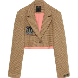 Cep Kapaklı Nakışlı Crop Blazer Ceket Bej