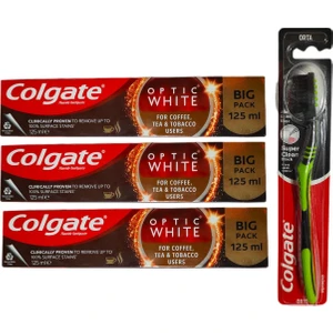 Optic White Kahve, Çay ve Tütün Kullanıcıları Için Süper Clean Black Orta Diş Fırçası + Macun 125 ml