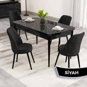 Nix Serisi Açılabilir 70X114 Siyah Mermer Desen Mutfak Masası Takımı ve 4 Sandalye