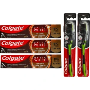 Optic White Kahve, Çay ve Tütün Kullanıcıları İçin Süper Clean Black Orta Diş Fırçası + Macun 125 ml