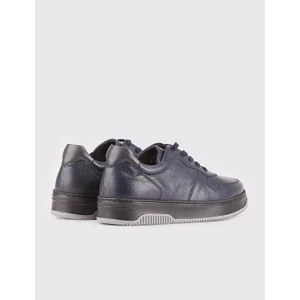 Hakiki Deri Lacivert Bağcıklı Kauçuk Tabanlı Erkek Sneaker Spor Ayakkabı