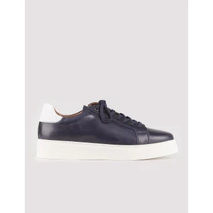 Hakiki Deri Lacivert Bağcıklı Yanları Dikiş Detaylı Erkek Spor Ayakkabı