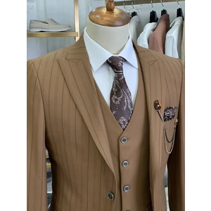 Erkek Çizgili Takım Elbise Kırlangıç Yaka Italyan Kesim Slim Fit Ceket Yelek Pantolon