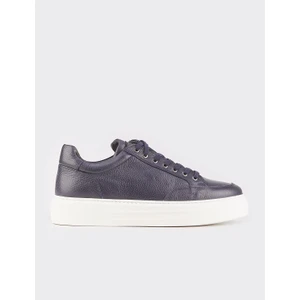 Hakiki Deri Lacivert Bağcıklı Özel Tasarımlı Kışlık Erkek Spor Ayakkabı