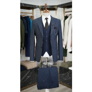 Erkek Çizgili Takım Elbise Kırlangıç Yaka Italyan Kesim Slim Fit Ceket Yelek Pantolon