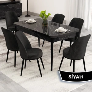 Nix Serisi Açılabilir 70X114 Siyah Mermer Desen Mutfak Masası Takımı ve 6 Sandalye