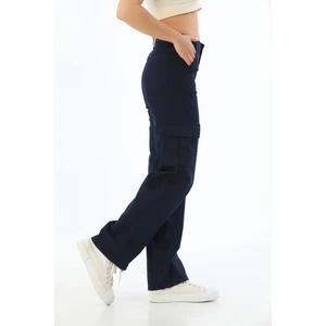 Lacivert Kargo Cepli Likralı  Yüksek Bel Wide Leg Pantolon