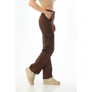 Kahve Kargo Cepli Likralı  Yüksek Bel Wide Leg Pantolon