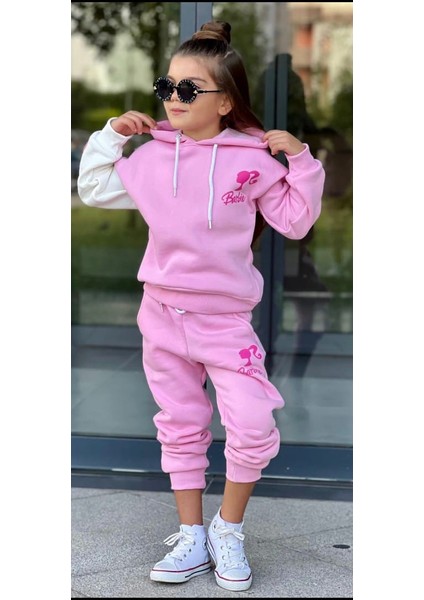 3 Iplik Barbie Baskılı Kapşonlu Kız Çocuk Oversize Sweatsihrt & Eşofman Takım Barbie