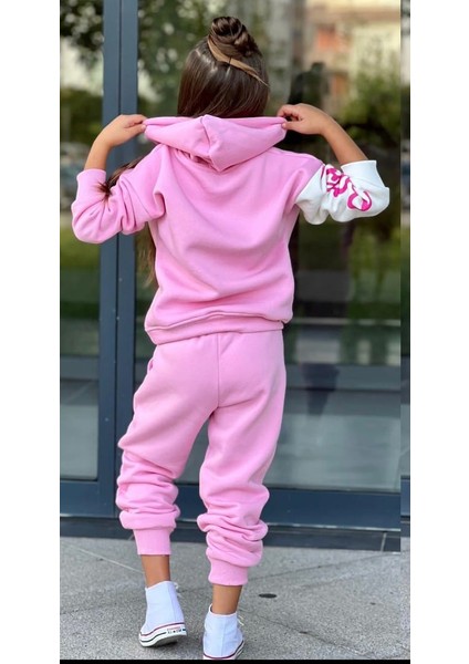 3 Iplik Barbie Baskılı Kapşonlu Kız Çocuk Oversize Sweatsihrt & Eşofman Takım Barbie