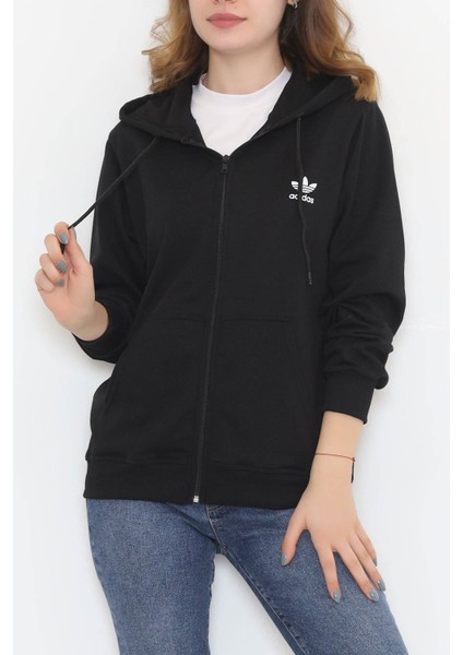 Baskılı Fermuarlı Sweat Siyah