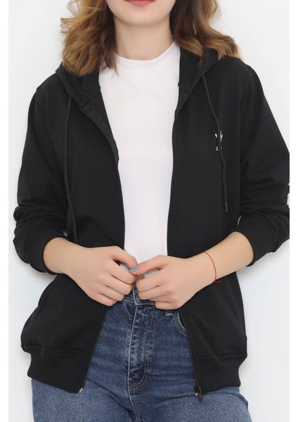 Baskılı Fermuarlı Sweat Siyah