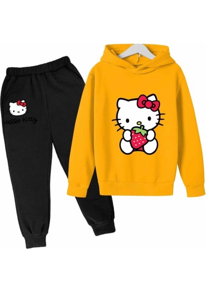 Özel Tasarım Kapüşonlu Hello Kitty Çilek Baskılı Pamuk Tam Kışlık Kız Çocuk Eşofman Takımı