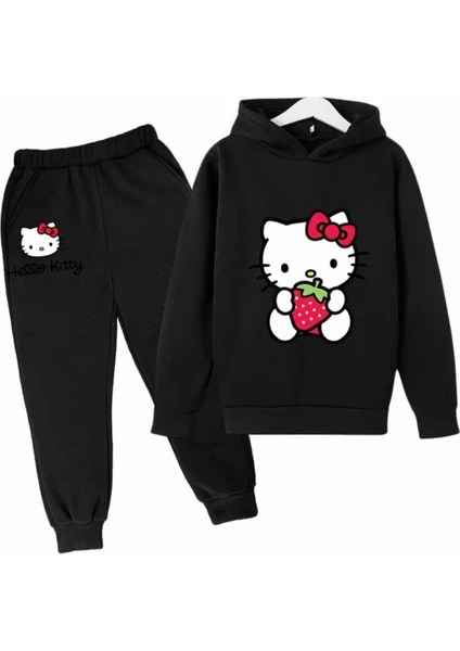 Kids Face Özel Tasarım Kapüşonlu Hello Kitty Çilek Baskılı  Pamuk Tam Kışlık Kız Çocuk Eşofman  Takımı