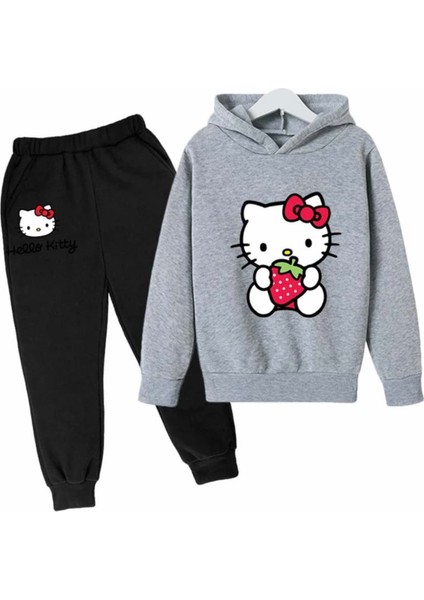 Kids Face Özel Tasarım Kapüşonlu Hello Kitty Çilek Baskılı 3 Iplik Şardonlu  Pamuk Tam Kışlık Kız Çocuk Eşofman Takımı