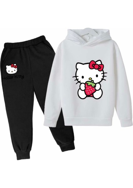 Özel Tasarım Kapüşonlu Hello Kitty Çilek Baskılı Pamuk Tam Kışlık Kız Çocuk Eşofman Takımı