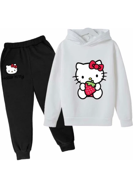 Kids Face Özel Tasarım Kapüşonlu Hello Kitty Çilek Baskılı  Pamuk Tam Kışlık Kız Çocuk Eşofman Takımı