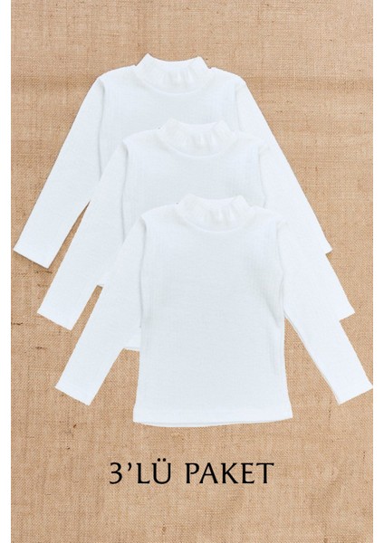 3 Lü Pamuklu Ligrali Yarım Balıkçı Yaka Beyaz Badi