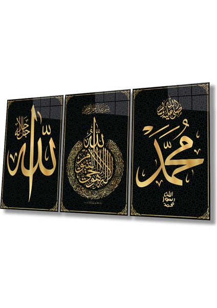 Allah, Muhammed ve Ayetel Kursi 3 Parça Set Cam Tablo, Dini Islami Ev ve Ofis Hediyelik Duvar Dekoru