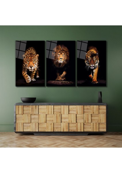 Jaguar, Aslan ve Kaplan 3 Parça Set Cam Tablo, Vahşi Hayvan Portresi, Hediyelik Ev Ofis Duvar Dekoru