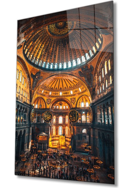 Ayasofya Camii Motif Dini Islami Cam Tablo, Müslüman Ev ve Ofis Duvar Dekoru Hediyelik, Temperli Cam