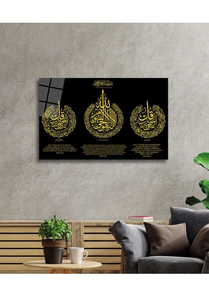 Ayetel Kürsi, Felak ve Nas Suresi Dini Islami Cam Tablo, Ev ve Ofis Duvar Dekoru, Hediyelik Temperli