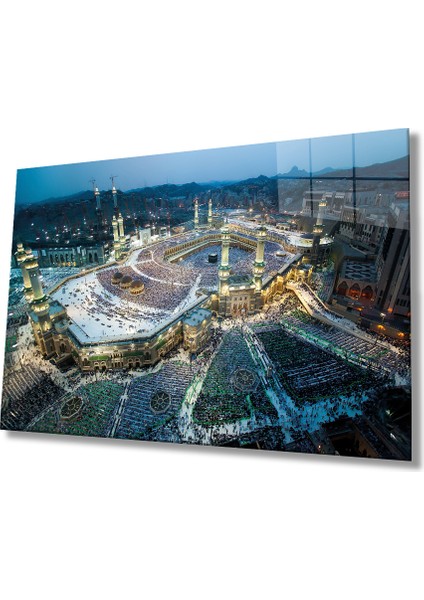 Kabe Manzarası Kutsal Topraklar Dini Islami Cam Tablo, Ev Ofis Duvar Dekoru, Hediyelik, Temperli Cam