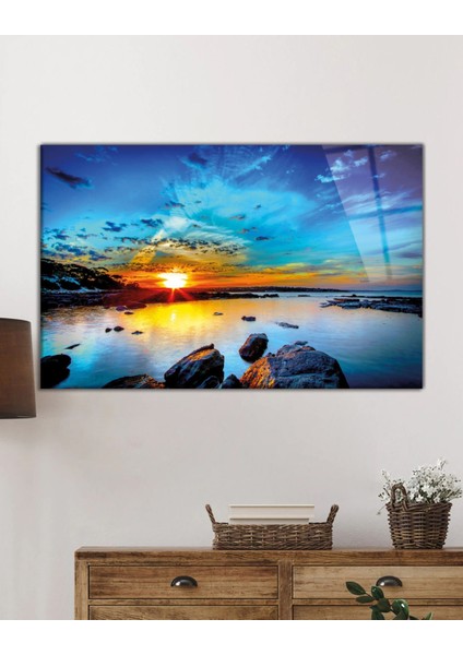Gün Batımı, Deniz, Kaya, Doğa Manzarası Cam Tablo, Ev ve Ofis Duvar Dekoru, Hediyelik, Temperli Cam fiyatları