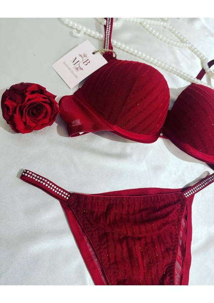 Madame Blume Lingerie Simli Taşlı Soft Vişne Sütyen Takımı Simli Vişne