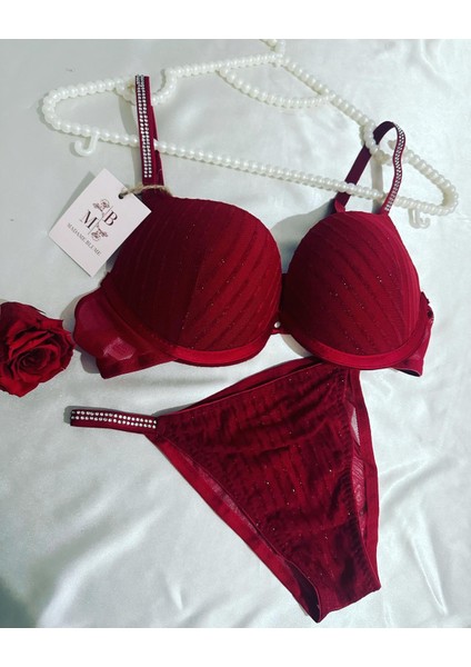 Madame Blume Lingerie Simli Taşlı Soft Vişne Sütyen Takımı Simli Vişne