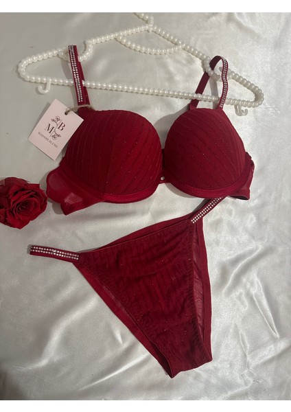 Madame Blume Lingerie Simli Taşlı Soft Vişne Sütyen Takımı Simli Vişne