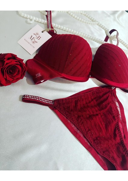 Madame Blume Lingerie Simli Taşlı Soft Vişne Sütyen Takımı Simli Vişne