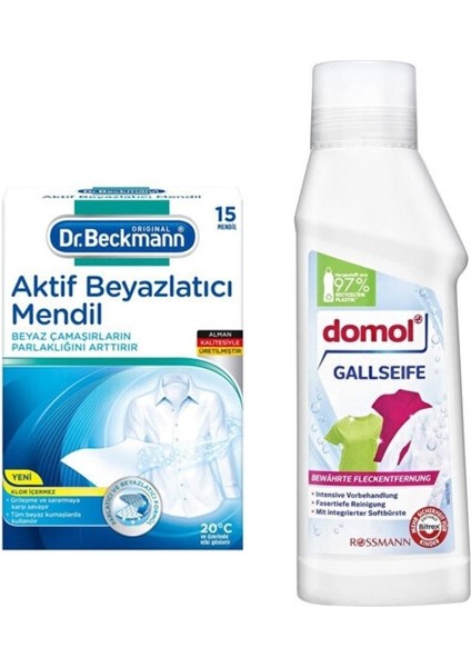 Aktif Beyazlatıcı Mendil 15'li + Domol Leke Çıkarıcı Gall Sıvı Sabun 250 ml