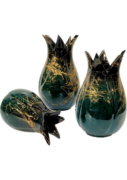Anadolu Çini 3'lü Çini Lale Vazo Seti-Zümrüt Yeşil/siyah-Mermer Desenli El Yapımı Kütahya Çinisi