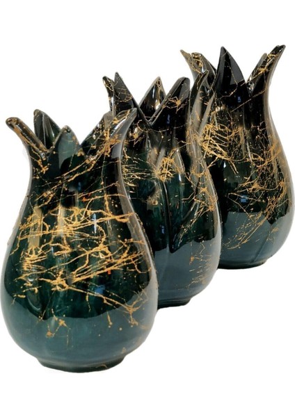 Anadolu Çini 3'lü Çini Lale Vazo Seti-Zümrüt Yeşil/siyah-Mermer Desenli El Yapımı Kütahya Çinisi fiyatları
