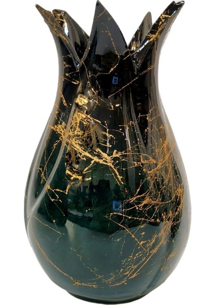 Anadolu Çini 3'lü Çini Lale Vazo Seti-Zümrüt Yeşil/siyah-Mermer Desenli El Yapımı Kütahya Çinisi modelleri