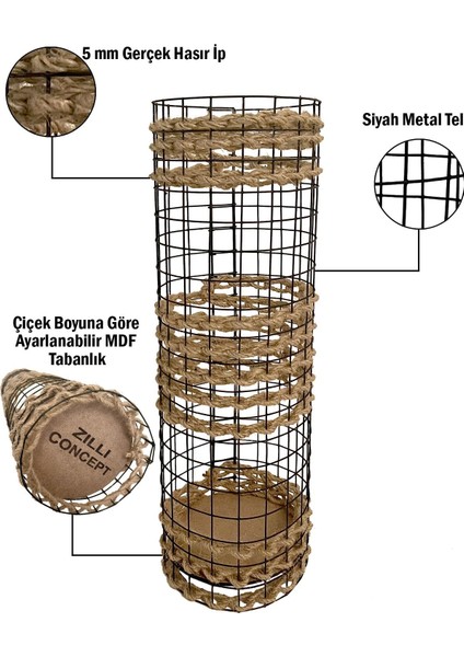 EKS Ticaret Zilli Concept Metal Tel Hasır Örgülü Tasarım Vazo Üç Örgü MODASEPET3ORGU50X13-253083