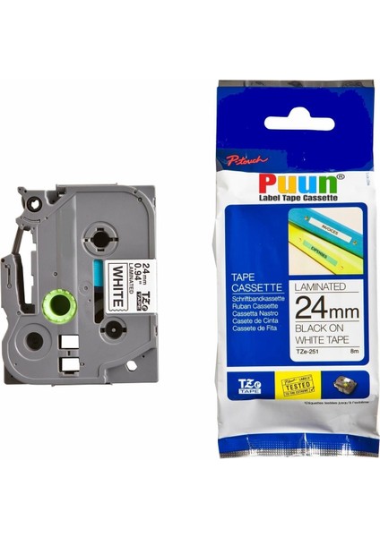 Puun Brother P-Touch TZE-251 24MM x 8m Beyaz Üzerine Siyah Muadil Laminasyon Etiket Şeridi