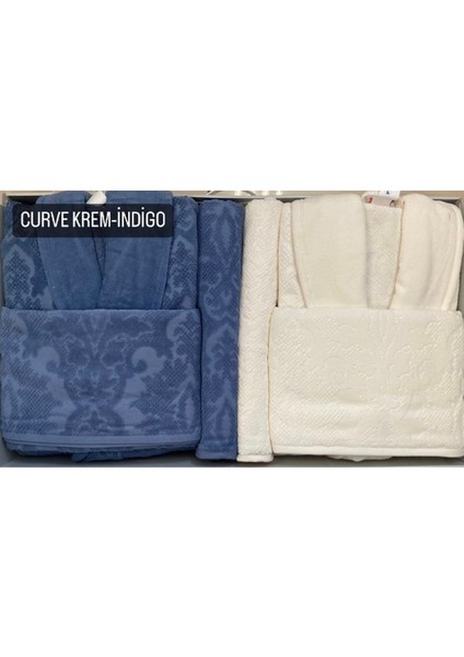 Curve Aile Bornoz Seti- Krem Indigo