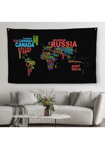 Siyah Zeminli Ülke Isimli Dünya Haritası Kanvas Duvar Örtüsü-Halısı 1015
