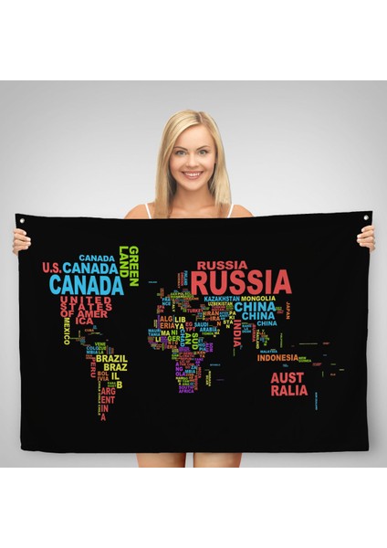 Siyah Zeminli Ülke Isimli Dünya Haritası Kanvas Duvar Örtüsü-Halısı 1015 fiyatları